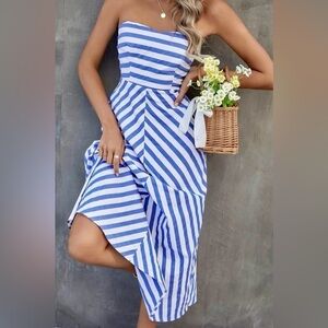 Casual Striped Print Backless Strapless Midi Dress